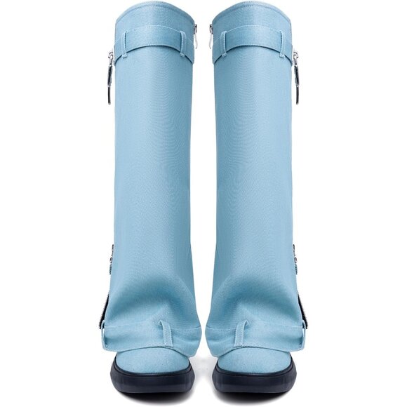 Women Denim Blue Pointy Pull-on Wedge Heel Knee Shark Padlock Design Shark Boot - Picture 6 of 6